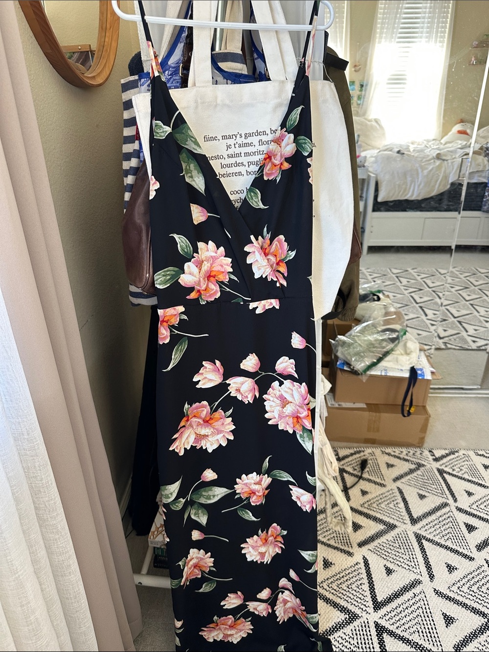 Lush Black Maxi Slip Dress with Pink Floral Print